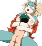  accessory big_breasts blue_body blue_eyes bodily_fluids breasts butt clothed clothing crying duo embrace female headband hi_res hug human humanoid interspecies ippan_josei izuku_midoriya male male/female mammal multicolored_body my_hero_academia nipples nude open_mouth partially_clothed penetration sex shoganight simple_background size_difference tears teeth unknown_species white_background white_body 