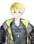  1boy bangs black_jacket blonde_hair blue_eyes bulletproof_vest closed_mouth collarbone collared_shirt gradient_hair hair_between_eyes highres ishizuekachiru jacket looking_at_viewer male_focus mole mole_on_neck multicolored_hair nijisanji nijisanji_en non-web_source official_art shirt short_hair simple_background solo sonny_brisko transparent_background upper_body virtual_youtuber vsf_logo white_hair yellow_shirt 