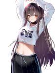  1girl arms_up black_choker casual choker cowboy_shot crop_top girls&#039;_frontline grey_hair highres ksartworks long_hair long_sleeves midriff navel official_alternate_costume one_side_up scar scar_across_eye scar_on_face shirt standing ump45_(girls&#039;_frontline) white_background white_shirt 