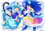  2girls :d animal_ears aqua_hair artist_name black_choker blue_choker blue_gloves blue_hair blue_skirt blush bubble_skirt cat_ears cat_tail choker color_connection commentary_request cosplay costume_switch cure_cosmo cure_gelato earrings elbow_gloves eyelashes fur fur-trimmed_gloves fur_trim gloves hair_ornament half_updo happy highres jewelry kirakira_precure_a_la_mode long_hair looking_at_another magical_girl multiple_girls nijigami_rin open_mouth precure skirt smile standing star_twinkle_precure tail tategami_aoi thighhighs thighs trait_connection twintails twitter_username very_long_hair yellow_eyes yuni_(precure) 