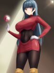  1girl absurdres bangs black_hair blue_hair blunt_bangs bodystocking bodysuit boots breasts cropped_jacket dark_blue_hair gloves hand_on_hip highres hime_cut jacket large_breasts long_hair long_sleeves over-kneehighs pantyhose poke_ball poke_ball_(basic) pokemon pokemon_(game) pokemon_frlg psychic red_eyes redesim sabrina_(pokemon) skirt thighhighs turtleneck turtleneck_jacket white_gloves 