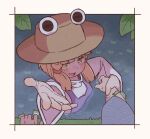  1boy 1girl blonde_hair blue_kimono blunt_bangs blush border brown_hat commentary_request frog grabbing_another's_arm grass hakugomaabura_(kourin1219) hat highres japanese_clothes kimono leaf long_sleeves looking_at_viewer medium_hair moriya_suwako multiple_hair_ribbons open_mouth outstretched_hand partially_submerged pov pov_hands purple_vest red_ribbon ribbon shirt sidelocks suwako_day sweatdrop too_many_frogs touhou vest water white_border white_shirt yellow_eyes 
