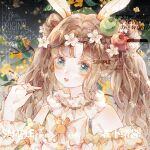  1girl animal_ears apple bare_shoulders blunt_bangs bow bowtie branch brown_hair buttons center_frills chinese_commentary choker commentary_request commission detached_sleeves fingernails flower food frilled_choker frilled_sleeves frilled_wrist_cuffs frills fruit gradient_sky grey_sky hand_up happy happy_birthday long_hair night original osmanthus outdoors parted_bangs puffy_short_sleeves puffy_sleeves rabbit_brooch rabbit_ears rabbit_girl ribbon-trimmed_choker ribbon-trimmed_wrist_cuffs sample_watermark shirt short_sleeves sky sleeveless sleeveless_shirt solo strap too_many_watermarks twintails upper_body very_long_hair watermark watermark_grid wavy_hair white_bow white_bowtie white_choker white_shirt white_wrist_cuffs wrist_cuffs xujiang_bushi_fanpai yellow_flower yellow_sleeves 