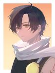  1boy ahoge bare_shoulders black_hair black_shirt border closed_mouth commentary curtained_hair double-parted_bangs eiyuu_densetsu english_commentary gradient_background hair_between_eyes highres joshua_bright looking_at_viewer male_focus orange_background outside_border qian_ko scarf shirt short_hair simple_background sleeveless sleeveless_shirt solo sora_no_kiseki upper_body white_border white_scarf yellow_eyes 