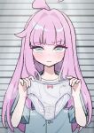  1girl blue_archive blush bow bow_panties colored_eyebrows commentary_request crotch_seam green_eyes green_skirt hair_intakes highres himitsu_ni_shitoite_ageru holding holding_panties holding_underwear holding_unworn_clothes horizontal_pupils kaya_(blue_archive) kaya_(prison)_(blue_archive) long_hair looking_at_viewer mugshot nose_blush panties pee_stain pink_hair presenting_removed_panties short_sleeves skirt small_sweatdrop solo stained_panties steaming_clothes straight_hair underwear upper_body white_panties 