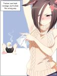  1girl absurdres air_groove_(umamusume) anger_vein animal_ears arm_up armpits barefoot black_shorts blush breasts brown_hair commentary embarrassed english_commentary english_text hair_between_eyes handkerchief head_steam highres horse_ears horse_girl izami_md medium_breasts shirt short_hair shorts slap_mark slap_mark_on_face sleeveless sleeveless_turtleneck t-head_trainer_(umamusume) tearing_up trainer_(umamusume) turtleneck two-tone_background umamusume white_shirt wiping_saliva 