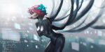  1girl android blue_flower body_tube breasts cable code cytus cytus_ii deda16 flower from_side hair_flower hair_ornament highres looking_ahead metal_skin pink_hair red_eyes short_hair skin_seams solo vanessa_(cytus_ii) 