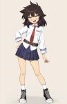  1girl :d belt black_shoes blue_skirt brown_belt brown_hair commentary_request contrapposto fang hand_on_own_hip haruka_naru_enkei_sekai highres inui_koi jitome long_sleeves looking_at_viewer medium_hair messy_hair necktie onimushi_hyogo open_mouth pleated_skirt red_necktie shirt shoes simple_background skirt smile sneakers socks solo standing tie_clip white_shirt white_socks yellow_eyes 