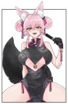  1girl animal_ear_fluff animal_ears bare_shoulders black_dress black_gloves breasts chinese_clothes cleavage_cutout clothing_cutout commentary_request dress fate/grand_order fate_(series) folded_fan folding_fan fox_ears fox_girl fox_tail glasses gloves hair_between_eyes hand_fan highres holding holding_fan koyanskaya_(chinese_lostbelt_outfit)_(fate) koyanskaya_(fate) large_breasts looking_at_viewer official_alternate_costume onikudaisuki_x open_mouth pink_eyes qipao sitting smile solo tail underboob yellow_eyes 