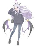  1girl absurdres ahoge alternate_costume bag bilingual_commentary black_hoodie black_horns blue_archive blush casual commentary demon_girl demon_horns demon_wings english_commentary floating_hair hair_ornament hairclip halo hand_in_pocket hand_on_own_head handbag highres hina_(blue_archive) hood hoodie horns long_hair long_sleeves looking_at_viewer low_wings mixed-language_commentary multiple_horns pants parallel_hairclips parted_bangs purple_eyes purple_halo purple_wings runarie shoes sidelocks simple_background smile sneakers solo standing white_background white_hair wings 