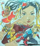  1boy 2girls 3girls absurdres arms_up black_hair black_pants blonde_hair blue_eyes blue_jacket bracelet braid brown_lips cammy_white capri_pants chun-li clothing_cutout commentary_request converse crop_top cropped_jacket dark-skinned_female dark_skin double_bun earbuds earphones earrings fighting_stance fingerless_gloves forehead gloves hair_bun hair_ribbon hairband highres hip_vent jacket jewelry jumping kimberly_jackson leggings long_hair looking_at_viewer makeup midriff moyuku_kamimoku multiple_girls pants puffy_short_sleeves puffy_sleeves red_jacket ribbon shoes short_hair short_sleeves sneakers stomach street_fighter street_fighter_6 tight_clothes tight_pants traditional_media unitard very_dark_skin yellow_ribbon yoga_pants 