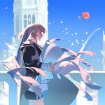  2girls arknights bird black_cape black_shorts cape chinese_commentary closed_mouth commentary_request detached_wings exusiai_(apple)_(arknights) exusiai_(arknights) flock fnine from_side halo highres holding holding_paper hood hood_down hooded_cape lemuen_(arknights) long_hair long_sleeves mini_person minigirl multiple_girls notice_lines outdoors paper pink_eyes pink_hair profile shorts sky smile traditional_halo wings 