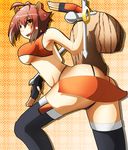  animal_ears blazblue breasts brown_hair fingerless_gloves gloves highres makoto_nanaya medium_breasts open_mouth orange_skirt revealing_clothes short_hair skirt solo squirrel_ears squirrel_tail tail thighhighs underboob yosibou 