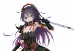  1girl ahoge armor armored_dress armpits black_dress black_gloves breasts closed_mouth commentary dress gloves holding holding_sword holding_weapon honkai_(series) honkai_impact_3rd japanese_armor katana long_hair looking_at_viewer medium_breasts pauldrons ponytail purple_eyes purple_hair raiden_mei raiden_mei_(shadow_dash) reverse_grip shoulder_armor simple_background single_pauldron solo sword upper_body weapon white_background yichuanxue 