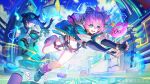  2girls absurdres ahoge aqua_jacket belt black_hair chinese_commentary commentary_request fingerless_gloves fur-trimmed_shorts fur_trim ghost_girl gloves green_eyes hair_over_one_eye headphones highres jacket lightning_ahoge linko_(nte) loose_socks midriff multiple_girls navel neverness_to_everness open_mouth pink_eyes pink_hair pink_nails pink_socks shoes short_shorts shorts sleeves_past_fingers sleeves_past_wrists socks tamagotchi_(virtual_pet) teeth thigh_belt thigh_strap virtual_pet_(toy) watermark weibo_watermark white_shoes xiaozhen_(nte) yezhusansansansan 