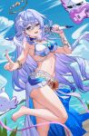  1girl absurdres barefoot bikini bird blue_hair blue_sky breasts chinese_clothes commentary_request electric_guitar feet foot_out_of_frame green_eyes guitar hair_ornament halo head_wings highres holding holding_microphone honkai:_star_rail honkai_(series) instrument lao_xi legs long_hair medium_breasts microphone nail_polish navel ocean official_alternate_costume robin_(honkai:_star_rail) robin_(summeretto)_(honkai:_star_rail) sarong sky solo starfish_hair_ornament stomach swimsuit thighs toenail_polish toenails toes very_long_hair white_background white_bikini white_sarong white_wings wings 