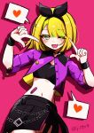  1girl alternate_costume alternate_hairstyle baddo_shaaku_(vocaloid) bandaid_on_stomach belt black_belt black_bow black_choker black_shirt black_skirt black_tube_top blonde_hair bob_cut bow breasts choker commentary_request cropped_jacket fang hair_bow hair_ornament hairclip heart heart_choker heart_in_eye highres jacket kagamine_rin looking_at_viewer magical_mirai_(vocaloid) multicolored_jacket navel one_eye_closed open_mouth parallel_hairclips partially_unbuttoned pink_background pointing pointing_at_self purple_jacket shirt short_hair simple_background skin_fang skirt small_breasts solo spoken_heart strapless symbol_in_eye tube_top two-tone_jacket tyi0904 vocaloid wristband 