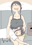  2girls :d bare_arms bare_shoulders black-framed_eyewear blush breasts brown_background brown_hair camisole cleavage closed_eyes collared_shirt commentary_request couch drooling drunk feet_out_of_frame glasses grey_camisole holding holding_removed_eyewear juukyuu kaho_(juukyuu) lap_pillow large_breasts long_hair low_ponytail lying mouth_drool multiple_girls on_couch on_stomach original pillow ponytail shiho_(juukyuu) shirt short_sleeves shorts siblings sisters sitting smile squeans two-tone_background unworn_eyewear white_background white_shirt yellow_shorts 