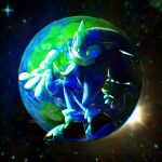  1boy animal_ears artist_name blue_fur commentary earth_(planet) english_commentary furry furry_male gloves green_eyes grin highres jazzebee looking_at_viewer looking_back planet signature smile solo sonic_(series) sonic_the_hedgehog white_gloves 