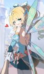  1girl absurdres anemo_symbol_(genshin_impact) aqua_dress aqua_eyes aqua_streaks backless_outfit commentary detached_sleeves dress drill_hair drill_ponytail drill_sidelocks fairy_wings from_behind gem genshin_impact gloves hair_ornament hair_ribbon heejee_owo highres holding_hands looking_at_viewer multicolored_hair pointy_ears ribbon sidelocks single_detached_sleeve single_sleeve streaked_hair tiara untranslatable_commentary vesna_(genshin_impact) white_gloves wings 