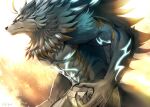  1boy abs animal_ears artist_name bara claws closed_mouth commentary_request furry furry_male henri_un_loup_henri looking_to_the_side male_focus muscular muscular_male pants pectorals profile sky_(sora_no_gomibako) star_ocean star_ocean:_anamnesis tail topless_male werewolf white_pants wolf_boy wolf_ears wolf_tail 