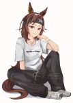  1girl alternate_costume alternate_hairstyle animal_ears arm_support artist_name bandana black_bandana black_pants bracelet brown_hair closed_mouth commentary_request ear_ornament hair_between_eyes horse_ears horse_girl houya_hafu jewelry long_hair looking_at_viewer multicolored_hair necklace on_ground pants red_eyes shirt shoes short_sleeves simple_background sirius_symboli_(umamusume) sitting sneakers solo streaked_hair sweatpants umamusume watermark white_background white_hair white_shirt 