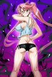  ass breasts butt_crack covered_nipples glasses hand_on_hip highschool_of_the_dead huge_breasts joy_ride legs long_hair looking_back pink_hair shorts sideboob slender_waist solo takagi_saya twintails yellow_eyes 