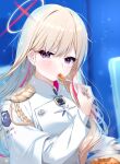  1girl absurdres aiguillette beret blonde_hair blonde_student_council_president_(blue_archive) blue_archive commentary_request curry eating epaulettes food halo hat highres holding holding_spoon long_hair looking_at_viewer medal military_uniform multicolored_hair multicolored_halo nironiro pink_streaks purple_eyes red_halo shirt shoulder_strap single_epaulette solo spoon streaked_hair two-tone_hair two-tone_halo upper_body white_halo white_hat white_shirt 