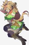  1girl absurdres animal_ears armband bandana bandeau blue_eyes blush boots breasts brown_boots brown_gloves brown_hair colt_single_action_army commentary cowboy_hat gloves green_armband green_bandeau green_skirt gun hair_ornament hat hat_on_back highres hissinikaiteru holding holding_gun holding_weapon horse_ears horse_girl horse_tail large_breasts long_hair looking_at_viewer midriff navel one_eye_closed open_mouth ponytail purple_thighhighs red_bandana revolver sheriff_badge skirt smile solo star_(symbol) star_hair_ornament taiki_shuttle_(umamusume) taiki_shuttle_(wild_frontier)_(umamusume) tail thighhighs umamusume weapon 