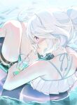  1girl ahoge alternate_costume alternate_hairstyle back bare_back bikini blue-tinted_eyewear blue_hair blue_pupils blue_ribbon blush commentary_request criss-cross_halter cup day drill_hair drill_sidelocks drink drinking_glass drinking_straw drop-shaped_pupils eyelashes frills from_behind furina_(genshin_impact) genshin_impact hair_between_eyes hair_bun halterneck halu_0103 highres holding holding_cup huge_ahoge ice ice_cube innertube looking_at_viewer looking_back multicolored_hair ocean on_innertube open_mouth outdoors purple-framed_eyewear purple_eyes ribbon short_hair sidelocks solo star-shaped_eyewear star_(symbol) summer sunglasses sunlight swim_ring swimsuit symbol-shaped_pupils thigh_strap tinted_eyewear two-tone_hair wavy_hair wet white_bikini white_hair 