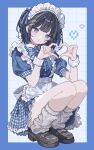  1girl apron back_bow black_hair black_shoes blue_border blue_bow blue_bowtie blue_dress blue_eyes blue_hair blue_nails blue_ribbon border bow bowtie center_frills colored_inner_hair commentary dress fingernails four-finger_heart_hands frilled_apron frilled_dress frills full_body gingham_bowtie gingham_clothes gingham_dress grid_background hair_bow hair_ornament hairclip hands_up head_tilt heart heart_day heart_hands highres leg_warmers legs_folded legs_together light_blush looking_ahead maid maid_headdress mary_janes multicolored_hair original outside_border parallel_hairclips parted_lips pixel_art puffy_short_sleeves puffy_sleeves ribbon shoes short_hair short_sleeves shusi_(6muuu3) signature solo squatting two_side_up white_apron white_bow white_leg_warmers white_wrist_cuffs wrist_cuffs x_hair_ornament 