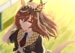  1girl animal_ears black_necktie braid breasts brown_hair brown_jacket buena_vista_(heroina_inocente)_(umamusume) buena_vista_(umamusume) checkered_collar checkered_hairband closed_mouth collared_shirt commentary_request ear_covers hair_between_eyes hair_ornament hairband headband highres horse_ears horse_girl horse_tail jacket looking_at_viewer medium_hair moyashi_toufu necktie outdoors purple_eyes shirt solo tail umamusume white_shirt 