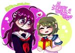  2girls ahoge amyaniii blue_eyes blue_sailor_collar blush box closed_eyes closed_mouth collarbone collared_shirt commentary danganronpa_(series) danganronpa_another_episode:_ultra_despair_girls dated english_commentary fukawa_toko gift gift_box glasses green_background green_hair hair_between_eyes hair_ornament hairclip happy_birthday heart highres holding holding_box holding_gift instagram_logo instagram_username long_hair long_sleeves multiple_girls naegi_komaru neckerchief notice_lines open_mouth outline purple_background purple_eyes purple_hair purple_shirt red_neckerchief sailor_collar shirt short_hair short_sleeves smile speech_bubble split_mouth spoken_heart star_(symbol) white_background white_outline white_sailor_collar white_shirt 