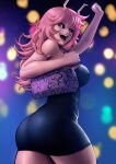  1girl :d arm_up ashido_mina ass bag bare_shoulders black_dress black_sclera blurry blurry_background boku_no_hero_academia boku_no_hero_academia:_more breasts colored_sclera colored_skin commentary covered_nipples dress english_commentary fist_pump from_side hair_between_eyes handbag highres horns large_breasts long_hair looking_at_viewer looking_back pink_hair pink_lips pink_skin purple_bag short_dress smile solo tight_clothes tight_dress walking yellow_eyes yellow_horns zetman92 