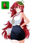  1girl absurdres ahoge anger_vein angry artist_name bare_shoulders black_skirt blush blush_stickers breasts buro_moon button_gap chili_pepper clenched_teeth collared_shirt cowboy_shot dated fiery_hair formal_clothes frown game_screenshot_inset genderswap genderswap_(mtf) glaring gradient_hair green_eyes green_hair half-closed_eye hand_on_own_hip high-waist_skirt highres holding holding_paper id_card jalapeno_(plants_vs._zombies) jalapeno_pepper lanyard large_breasts long_hair looking_at_viewer multicolored_hair office_lady open_mouth paper pencil_skirt personification plants_vs._zombies red_hair red_nails red_pupils scowl screenshot_inset sentient_plant shirt shirt_tucked_in sidelocks skirt skirt_suit sleeveless sleeveless_shirt solo suit teeth v-shaped_eyebrows white_background white_shirt 