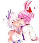  2girls ? anger_vein animal_ears biting biting_another biting_head bright_pupils commentary dress earrings english_commentary evanescia_(honkai:_star_rail) flower fox_ears from_side hair_between_eyes hair_flower hair_ornament hair_ribbon highres honkai:_star_rail honkai_(series) jacket jewelry long_hair multicolored_eyes multiple_girls peacock_feathers_hair_ornament pink_hair portrait profile purple_eyes red_ribbon ribbon short_hair_with_long_locks simple_background single_earring sleepybelleza sleeveless sleeveless_dress spoken_anger_vein straight-on tassel tassel_earrings white_background white_dress white_flower white_hair white_jacket yao_guang_(honkai:_star_rail) yuri 