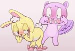 4_fingers anthro beaver blush blush_lines buckteeth butt clothing cotton_tail cuddles_(htf) curly_hair digital_media_(artwork) duo embarrassed fingers flashing footwear freckled_face freckles fur gradient_background hair happy_tree_friends heart_nose heart_symbol in_heat lagomorph leporid looking_at_another looking_at_butt male mammal mondo_media multicolored_body multicolored_fur open_mouth open_smile paws purple_body purple_fur rabbit rabbit_ears rodent shocked shoes simple_background slightly_chubby slightly_chubby_male slippers smile standing tail teeth toony toothy_(htf) two_tone_body two_tone_fur wavy_mouth white_hair white_tail yellow_body yellow_fur zonkeyshow