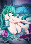  aqua_eyes aqua_hair aqua_nails barefoot bed feet foot_hold hands_on_feet hatsune_miku legs long_hair nail_polish panties pillow plantar_flexion shanpao sitting solo striped striped_panties toes twintails underwear very_long_hair vocaloid 