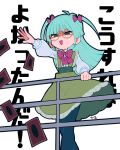  1girl black_pantyhose card commentary dress fang frilled_dress frills genderswap genderswap_(mtf) glasses green_eyes green_hair hair_ribbon highres insector_haga long_hair long_sleeves nama_no_niku pantyhose ribbon smile solo two_side_up yu-gi-oh! 