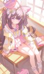  1girl :3 absurdres animal_ear_fluff animal_ears barefoot bow bowtie brown_hair cardigan cat_ears cat_girl chinese_commentary closed_mouth commentary_request double-parted_bangs full_body hair_between_eyes hat highres leg_warmers long_hair long_sleeves looking_at_viewer miniskirt ningmeng_jing_jing_jing_jing off_shoulder on_table open_cardigan open_clothes original pink_eyes pink_hat pink_sailor_collar pink_skirt pleated_skirt sailor_collar school_uniform serafuku shirt sidelocks single_hair_intake sitting skirt smile solo table white_leg_warmers white_shirt window yellow_bow yellow_bowtie yellow_cardigan 