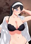  annoyed black_bra black_hair blue_eyes blush bra breasts cleavage hairband hand_behind_head kumashiro_maya large_breasts lingerie navel seikimatsu_occult_gakuin shiny shiny_skin solo strap_slip sweat tsubooi underwear undressing 