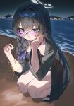  1girl absurdres beach bikini black_bikini black_hair black_robe black_sandals blue_archive braid braid_over_shoulder breasts butterfly_hair_ornament commentary fireworks grey_eyes grey_halo hair_intakes hair_ornament halo highres holding holding_fireworks k_cyp kisaki_(blue_archive) kisaki_(swimsuit)_(blue_archive) looking_at_viewer night official_alternate_costume official_alternate_hairstyle purple-tinted_eyewear robe sandals senkou_hanabi side_braid solo sparkler squatting swimsuit tinted_eyewear 