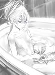  bath bathtub breasts darker_than_black face greyscale kawakami_rokkaku monochrome nude ripples small_breasts solo towel towel_bubble water yin 