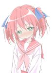 1girl blue_ribbon blush closed_mouth commentary embarrassed green_eyes hair_ribbon highres kmym97457689 kobayakawa_yutaka light_frown looking_down lucky_star neckerchief pink_neckerchief red_hair red_sailor_collar ribbon ryouou_school_uniform sailor_collar school_uniform shirt short_hair simple_background solo twintails untranslatable_commentary upper_body v_arms white_background white_shirt 