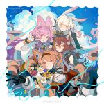  4girls absurdres ahoge angelina_(arknights) angelina_the_mellow_wish_(arknights) animal_ear_fluff animal_ears arknights black_collar black_gloves black_hairband blue_sky box brown_hair carrot chinese_commentary cloud collar commentary_request fingerless_gloves flower fox_ears fox_girl gloves hair_between_eyes hairband highres ice_cream_cone jacinta_(arknights) long_hair long_sleeves looking_at_another looking_at_viewer multiple_girls open_mouth orange_gloves pink_eyes pink_hair rabbit_ears rabbit_girl raccoon_ears raccoon_girl sky smile thumpy_(arknights) timeslot_(arknights) twintails upper_body v watermark weibo_watermark white_hair yellow_eyes yezhi_dun_luobei 