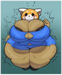 absurd_res aggretsuko ailurid anthro big_breasts black_eyes black_nose blush bodily_fluids border bra bra_peek breast_expansion breasts brown_body brown_fur button_(fastener) clothed clothing expansion female flying_sweatdrops fur hi_res huge_breasts inazuma_kat interrobang mammal orange_body orange_fur red_panda retsuko sanrio slightly_chubby slightly_chubby_anthro slightly_chubby_female solo standing straining_buttons surprised sweat sweatdrop thick_thighs thigh_expansion torn_clothing tremble_spikes underwear wardrobe_malfunction white_body white_border white_fur wide_hips