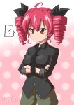  1girl ? absurdres anchovy_(girls_und_panzer) artist_name black_necktie black_ribbon black_shirt breasts collared_shirt commentary_request cosplay cowboy_shot crossed_arms dated drill_hair drops_mint girls_und_panzer gradient_background green_pants hair_between_eyes hair_ribbon hairstyle_connection highres kasane_teto kasane_teto_(cosplay) looking_at_viewer medium_breasts medium_hair necktie pants polka_dot polka_dot_background red_background red_eyes red_hair ribbon shirt simple_background sleeves_rolled_up solo spoken_question_mark twin_drills utau 