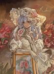  1girl alternate_costume blue_hair bracelet choker commentary dress earrings english_text feet_out_of_frame flower gloves green_eyes hat hat_flower head_wings highres holding holding_flower honkai:_star_rail honkai_(series) jewelry juliet_sleeves long_hair long_sleeves melxosai necklace painting_(object) pearl_bracelet pearl_earrings pearl_necklace picture_frame picture_hat pink_flower plant puffy_sleeves robin_(honkai:_star_rail) solo wavy_hair white_choker white_dress white_gloves white_wings wings 