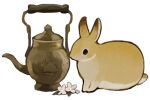  animal animal_focus black_eyes brown_rabbit closed_mouth colored_tips commentary_request engraved flower green_leaf kettle leaf multicolored_hair no_humans original petals purple_flower purple_petals rabbit sakutake_(ue3sayu) sitting still_life teapot white_background 