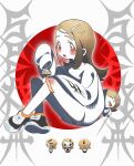  :o black_shoes blonde_hair blush chibi chibi_inset chinese_commentary commentary_request crossed_ankles flipped_hair full_body gakuen_idolmaster grey_background hair_ornament hairclip highres holding_wind_chime idolmaster knees_up long_hair long_sleeves looking_at_viewer multiple_girls open_mouth orange_eyes shinosawa_hiro shoes sitting sleeves_past_fingers sleeves_past_wrists sodanya sweater white_sweater 